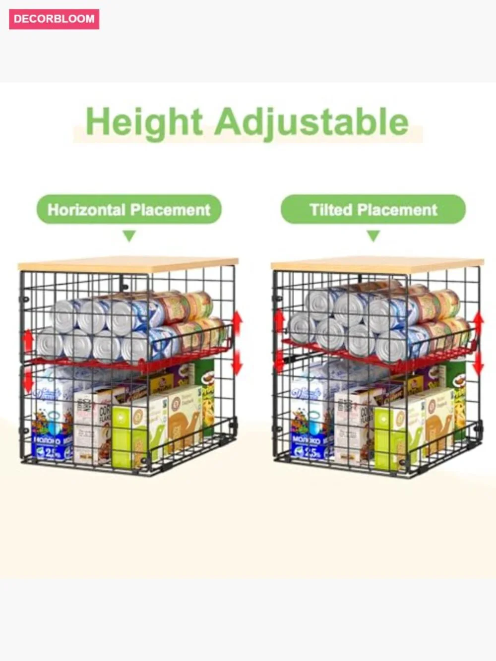 4 Pack Stackable Wire Baskets with Wooden Top for Kitchen Storage